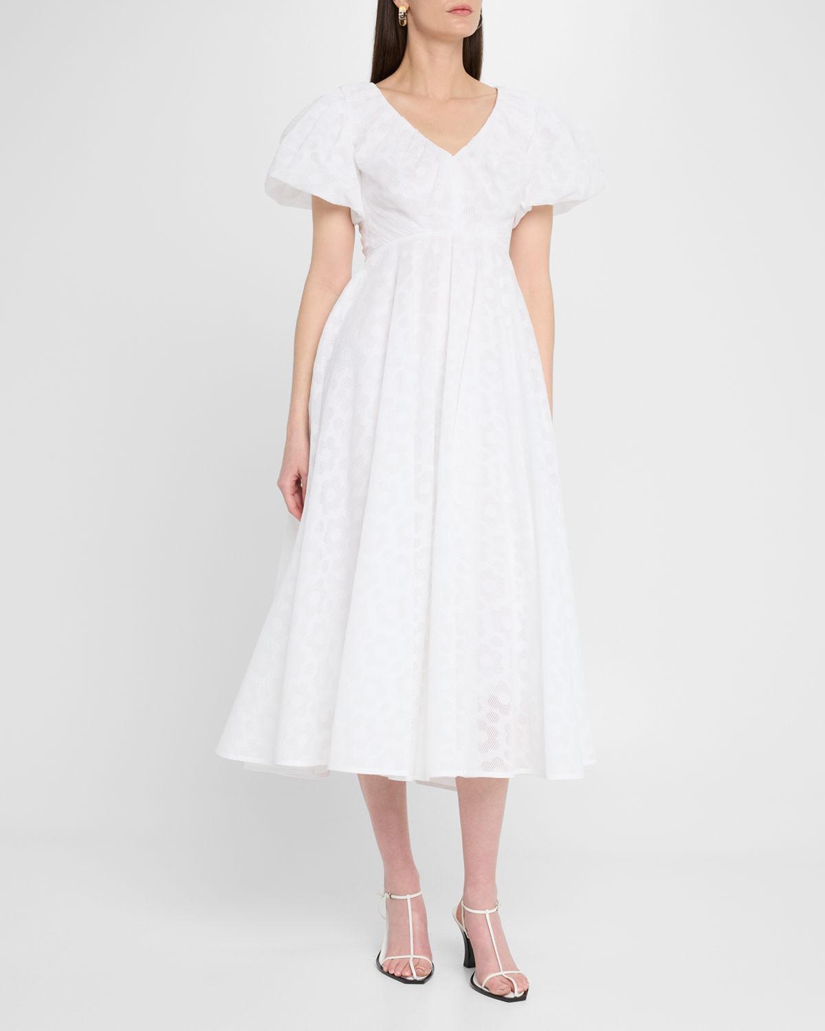 Talbot Runhof Pril Flower Organdi Puff-Sleeve Midi Dress