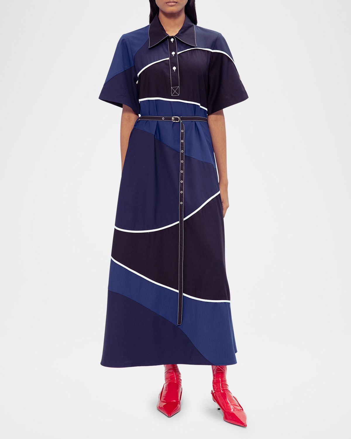 LOVEBIRDS Carol Belted Colorblock A-Line Maxi Shirtdress