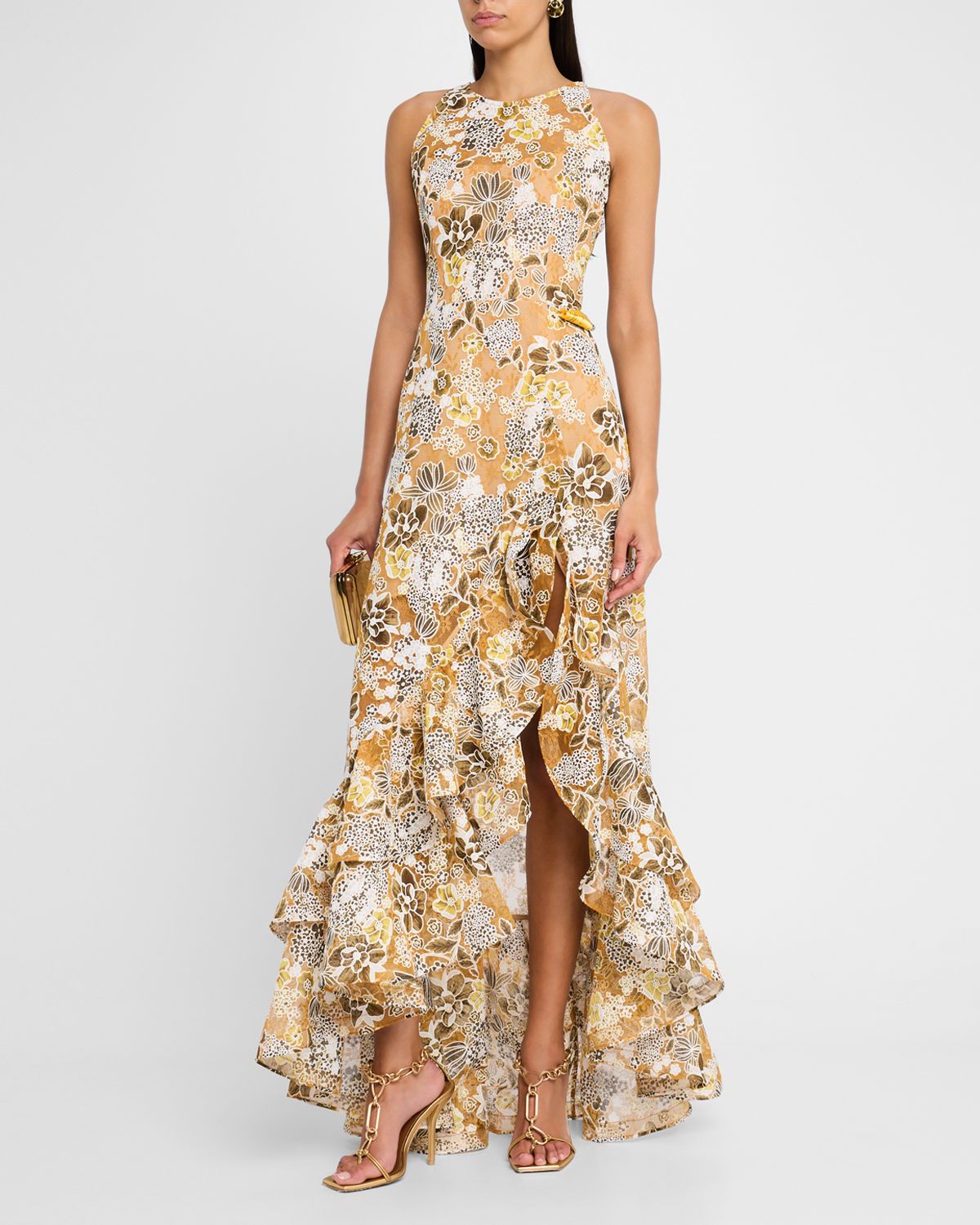 Bronx and Banco Sicilia Sleeveless Floral-Print Ruffle Gown