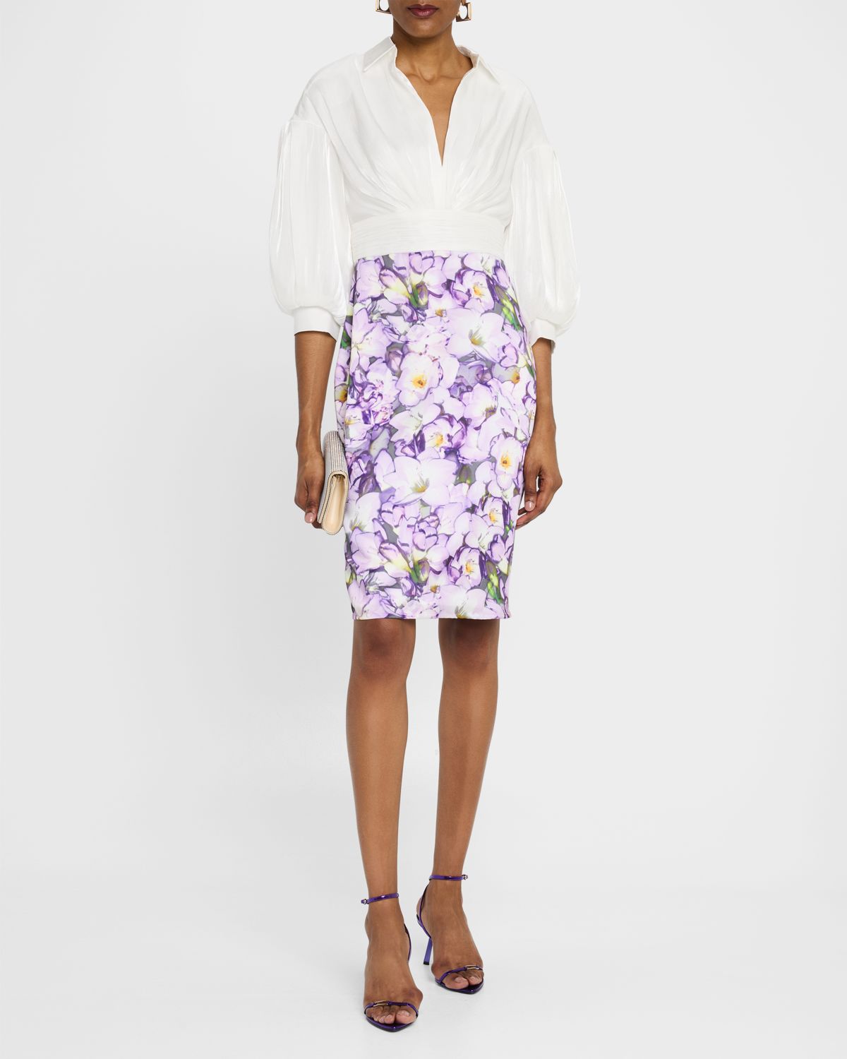 Badgley Mischka Collection Ruched Floral-Print Mixed Media Dress