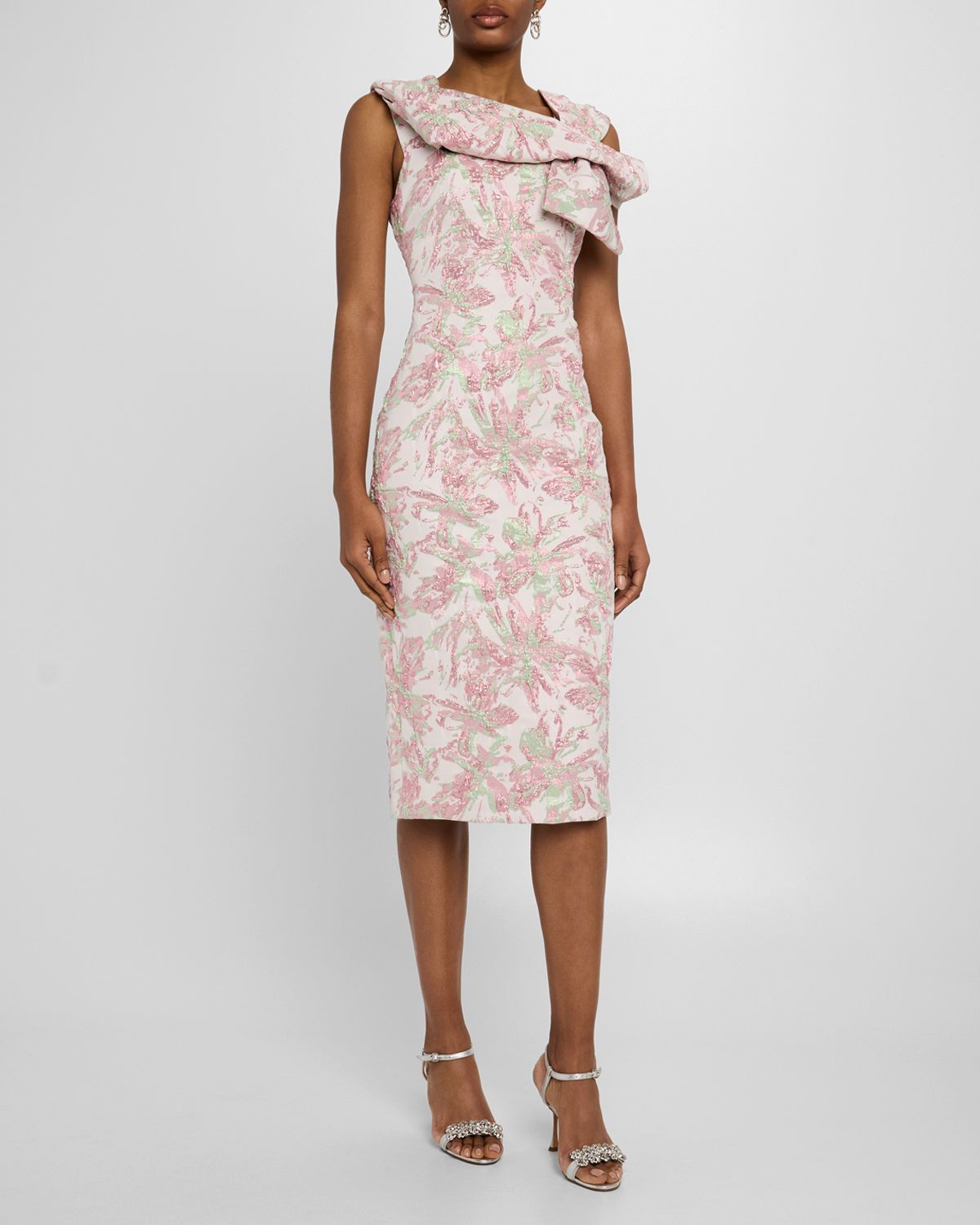 Badgley Mischka Collection Bow-Front Metallic Jacquard Midi Sheath Dress