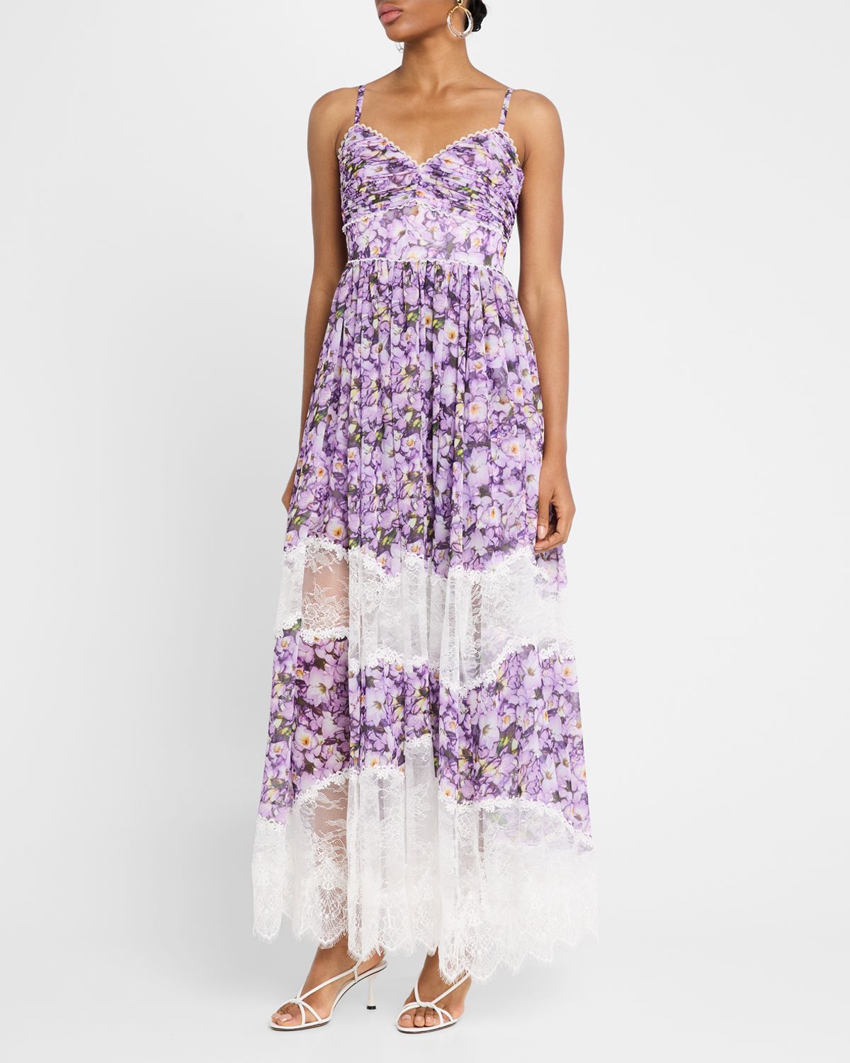 Badgley Mischka Collection Tiered Lace-Inset Maxi Dress
