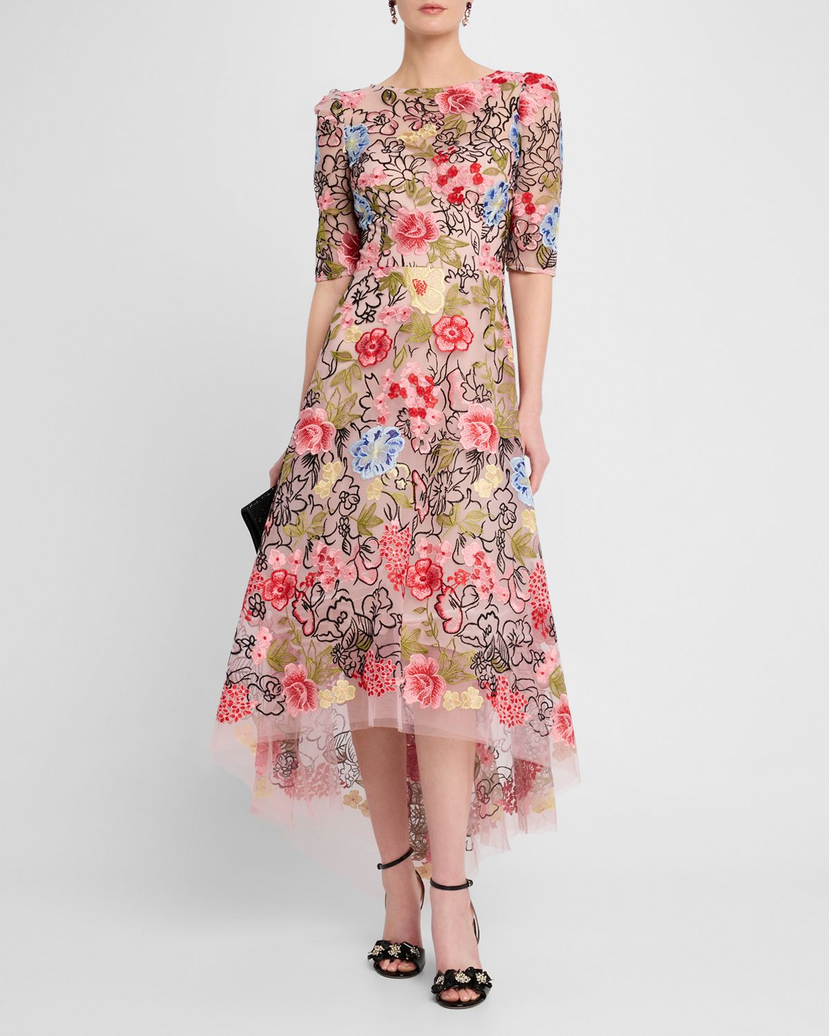 Rickie Freeman for Teri Jon Embroidered High-Low Maxi Dress