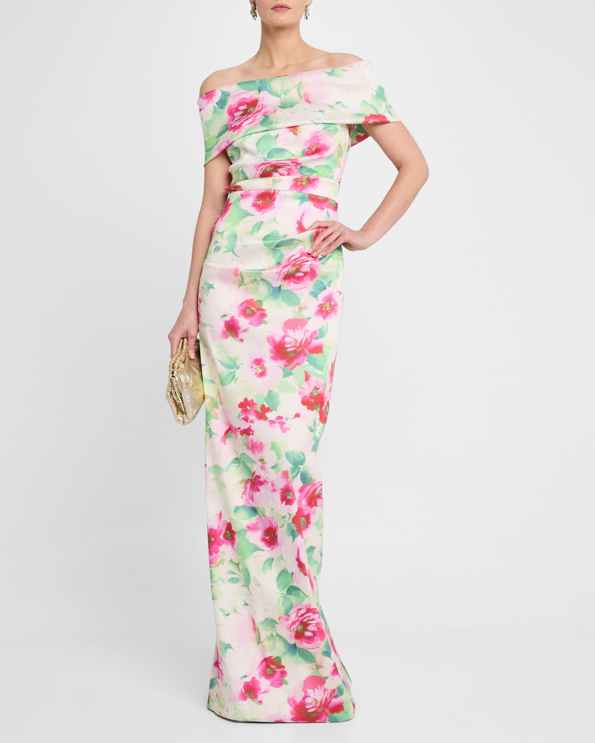 Rickie Freeman for Teri Jon Off-Shoulder Pleated Mikado Column Gown