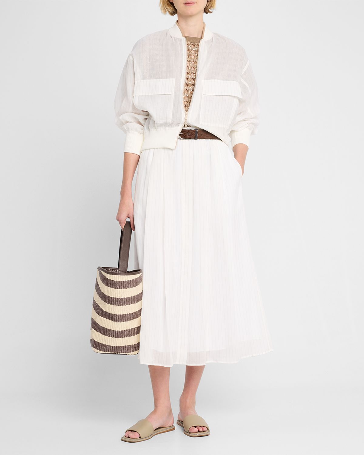 Brunello Cucinelli Pinstripe Cotton Gauze Midi Pull-On Skirt