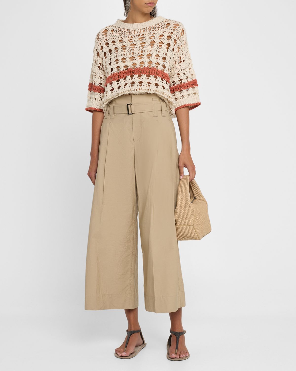 Brunello Cucinelli Stripe Cotton-Jute Open Knit Short-Sleeve Sweater