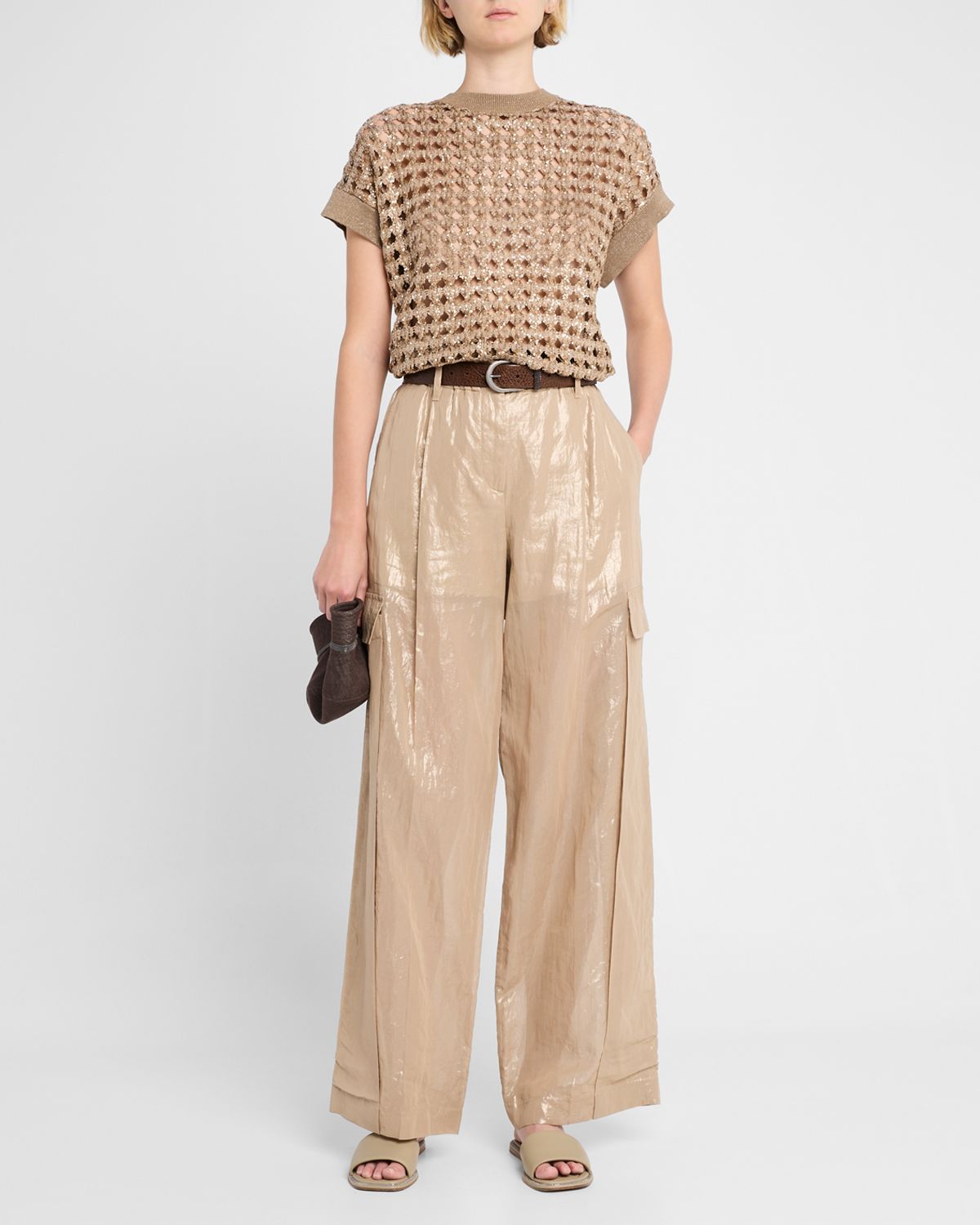 Brunello Cucinelli Metallic Cotton Gauze Wide-Leg Explorer Pants