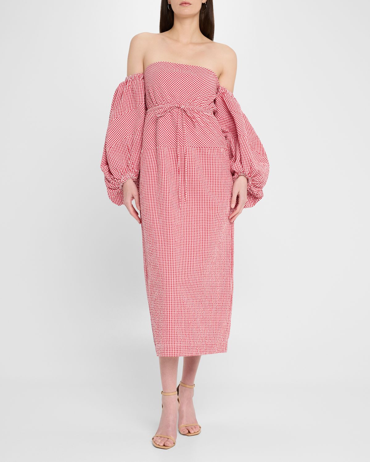 Rosie Assoulin Balloon-Sleeve Off-The-Shoulder Gingham Midi Dress