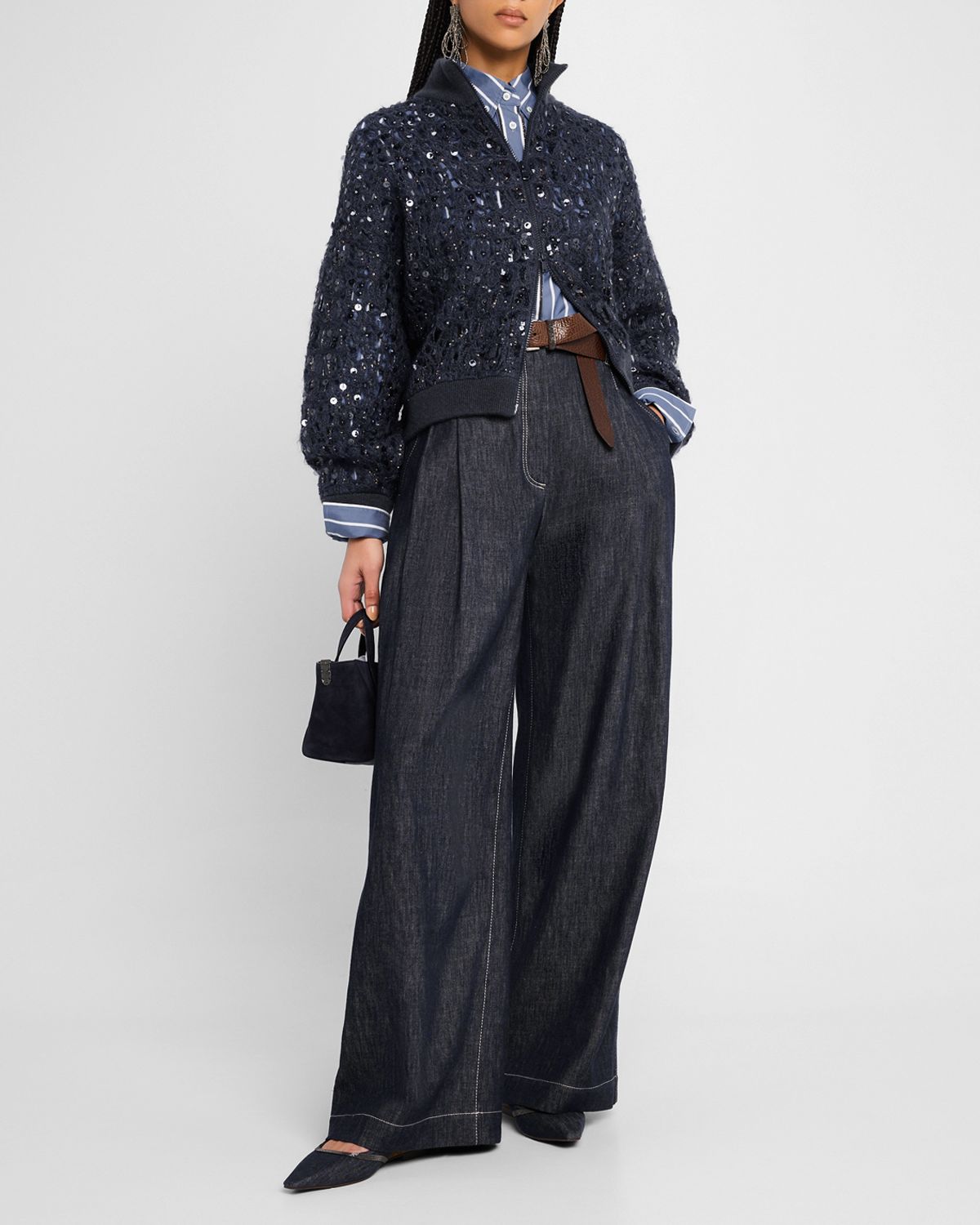 Brunello Cucinelli Double-Pleated Wide-Leg Jeans