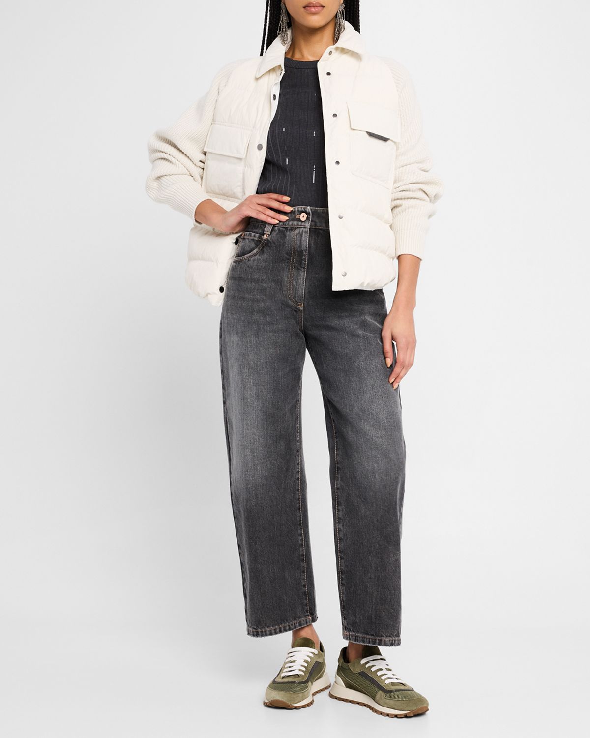 Brunello Cucinelli Knit-Sleeve Techno Crinkled Cotton Padded Jacket