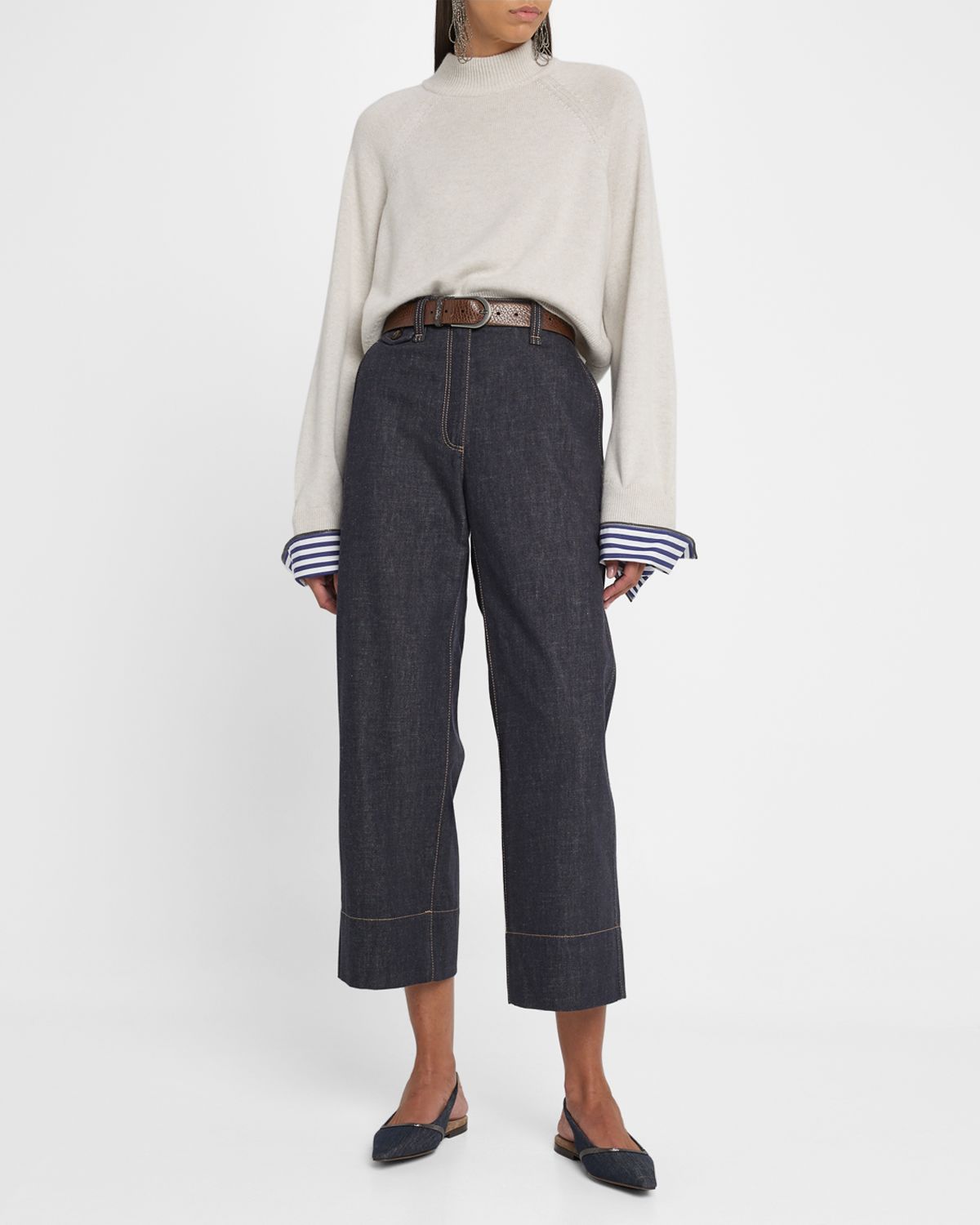 Brunello Cucinelli Mock-Neck Striped-Cuff Cashmere Knit Sweater