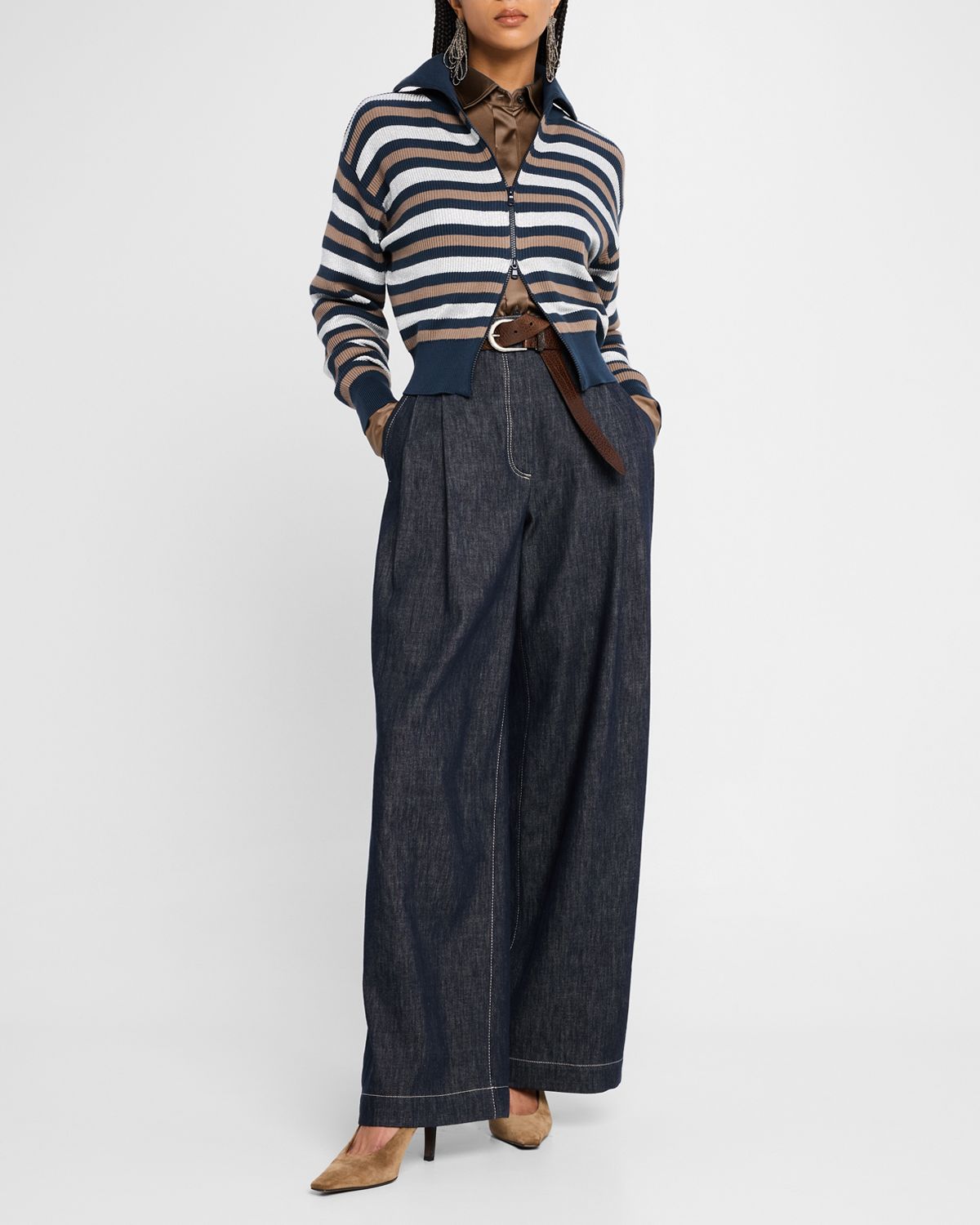 Brunello Cucinelli Silk Satin Stretch Blouse with Bib