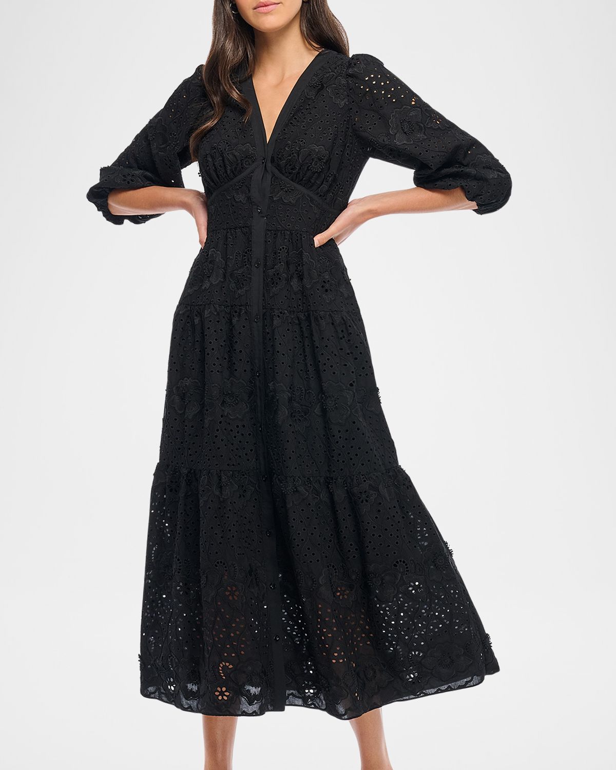 Shoshanna Sicily 3/-Sleeve Floral Embroidered Midi Dress