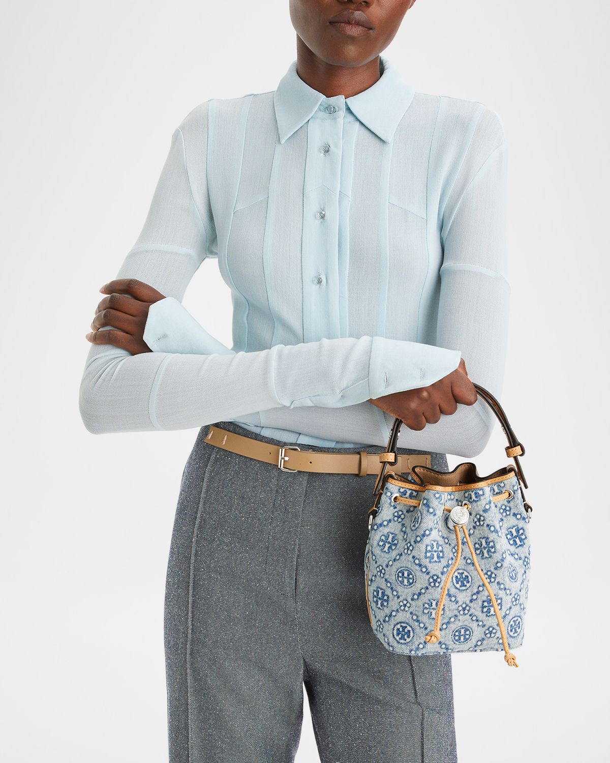Tory Burch Mini T Monogram Denim Bucket Bag