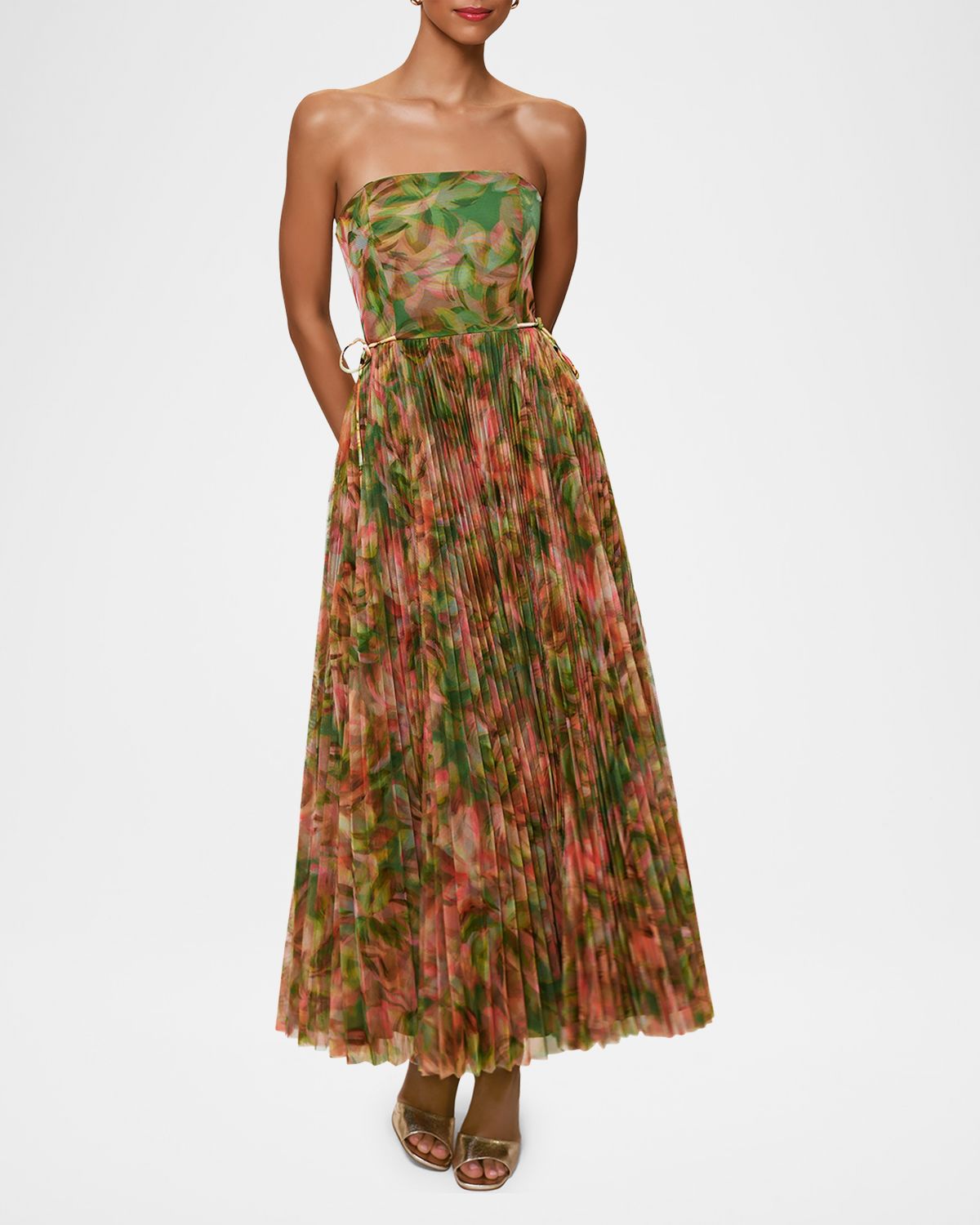 Hutch Costella Pleated Floral-Print Tulle Gown