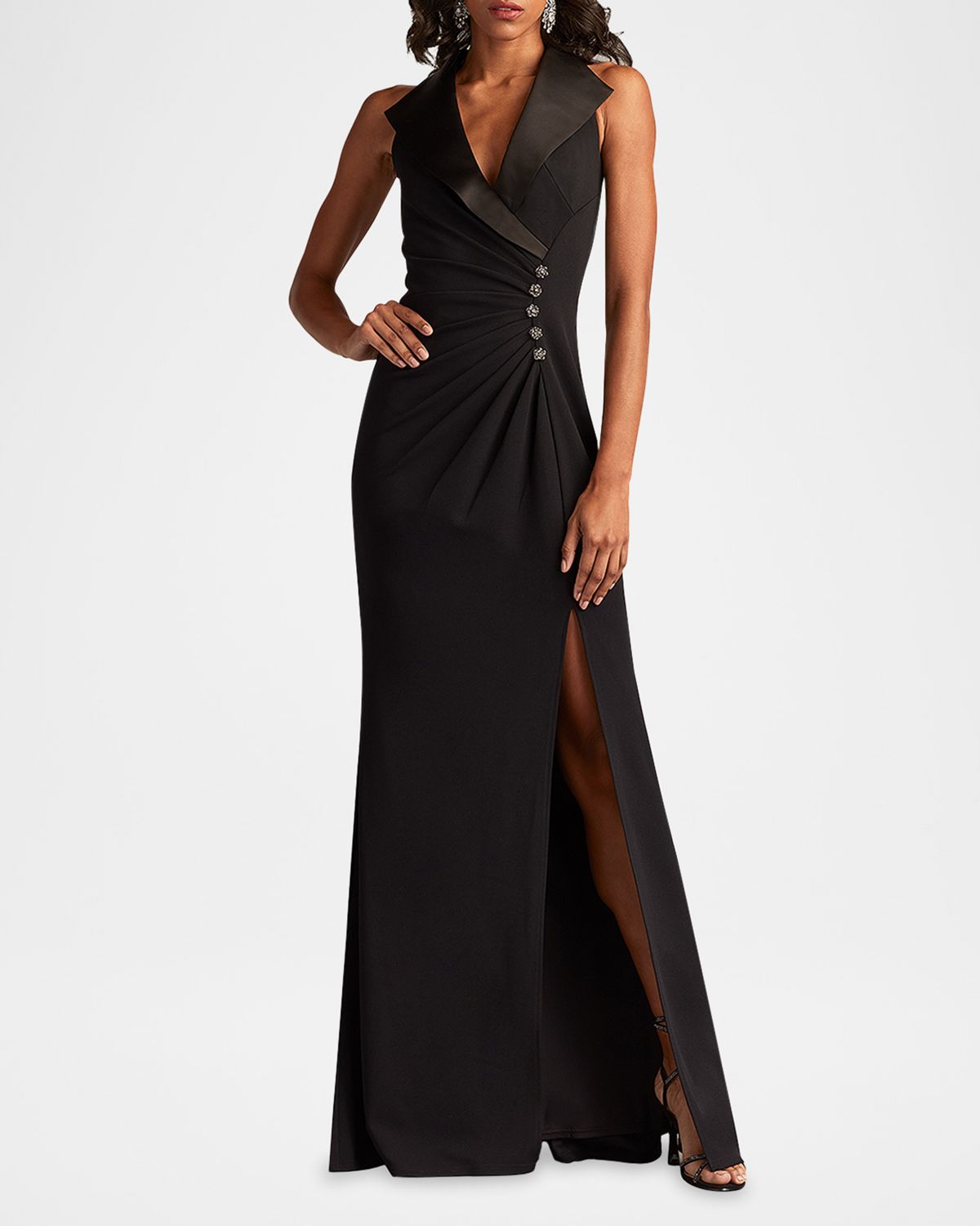 Tadashi Shoji Pleated Jewel-Embellished Crepe Tuxedo Gown