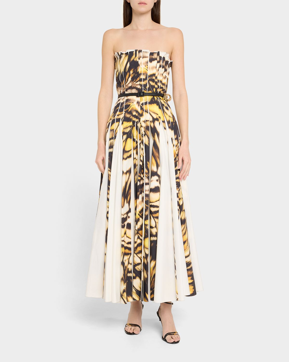 Oscar de la Renta Strapless Pleated Butterfly Poplin Ankle Dress With Belt