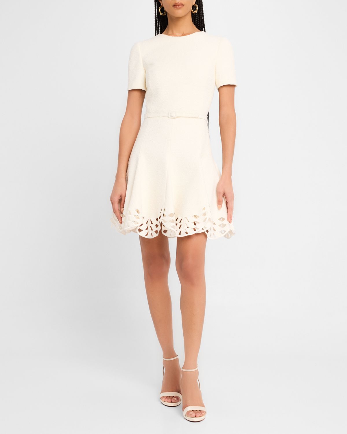 Oscar de la Renta Short-Sleeve Cutout-Hem Tweed Mini Dress With Belt