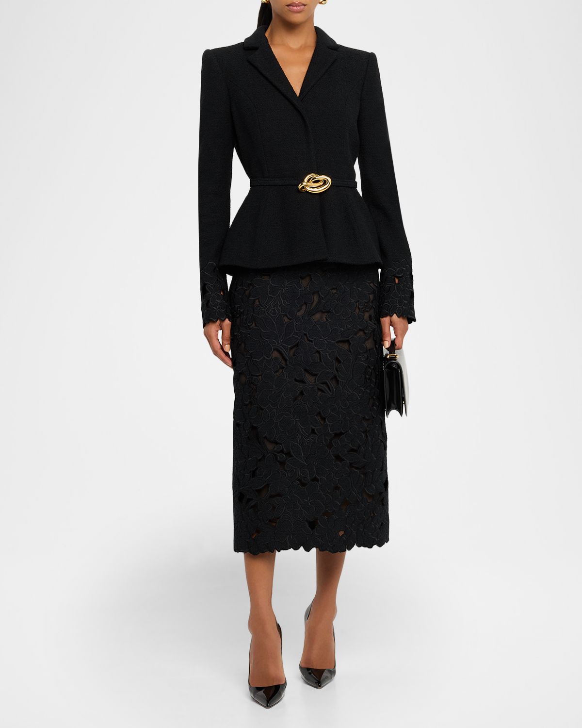 Oscar de la Renta Tweed Embroidered Cutout Midi Suiting Skirt