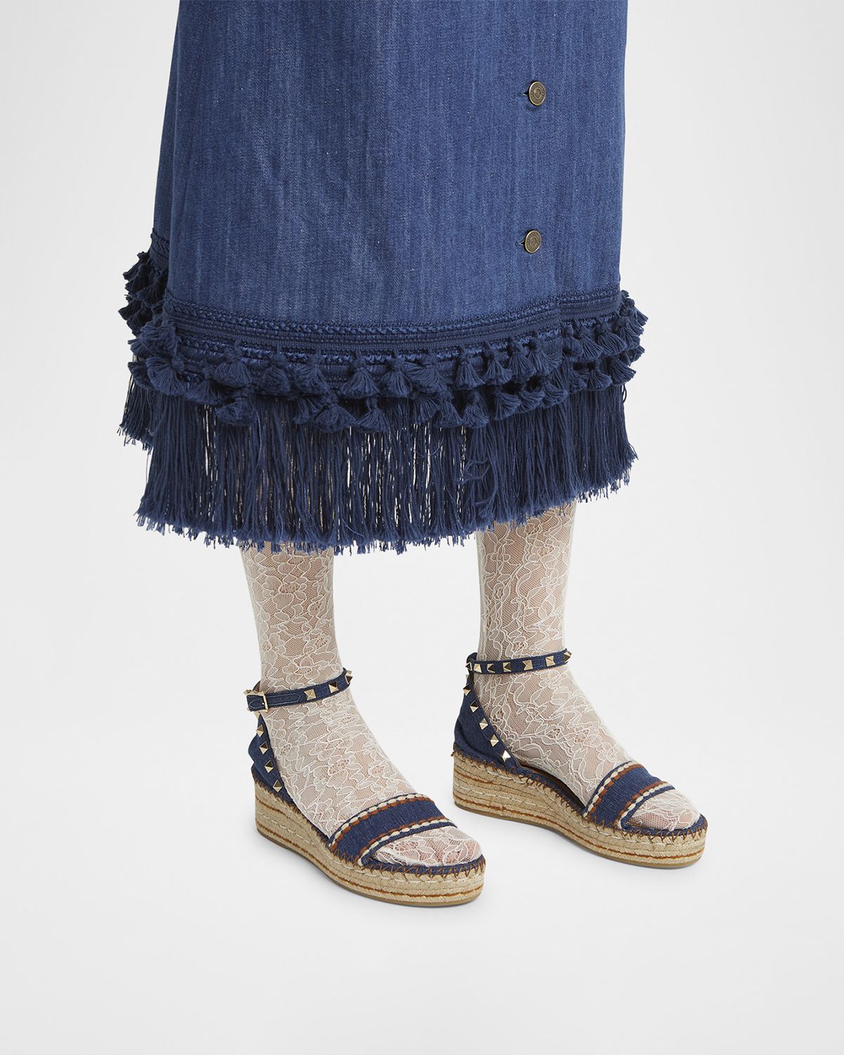 Valentino Garavani 55mm Rockstud Denim Wedge Espadrille Sandals