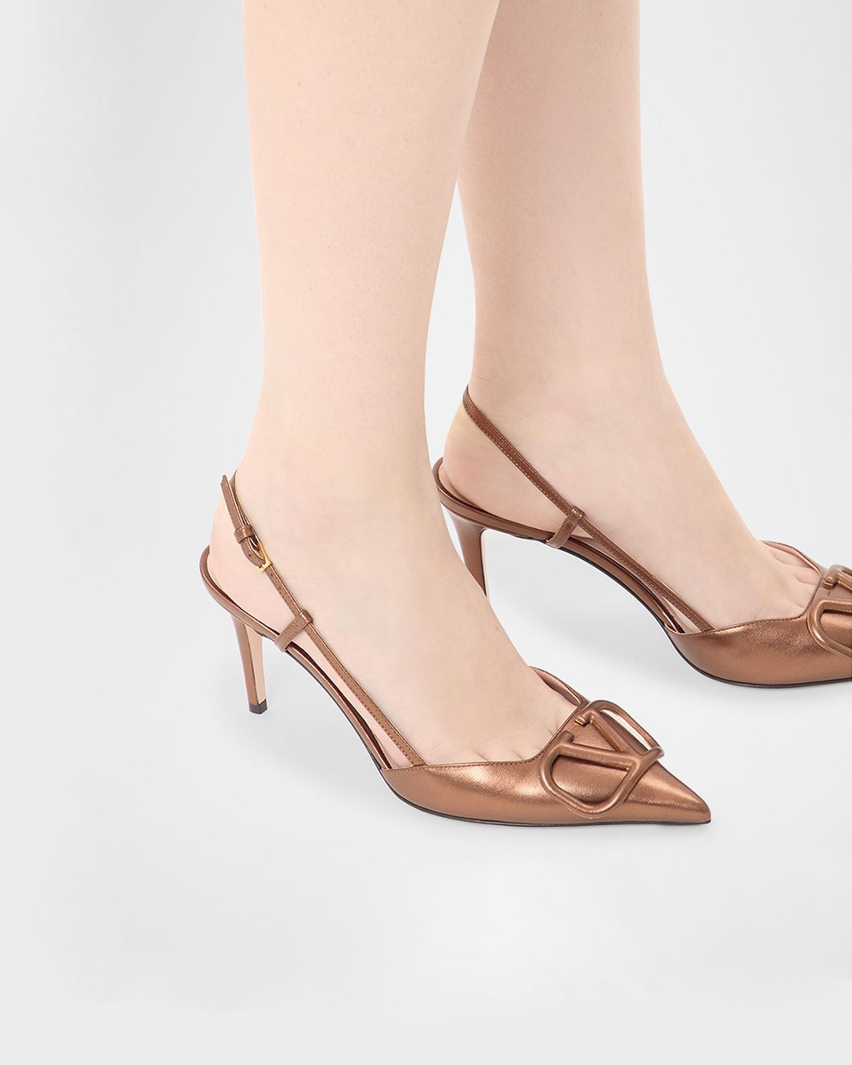 Valentino Garavani V-Logo Metallic Leather Slingback Pumps