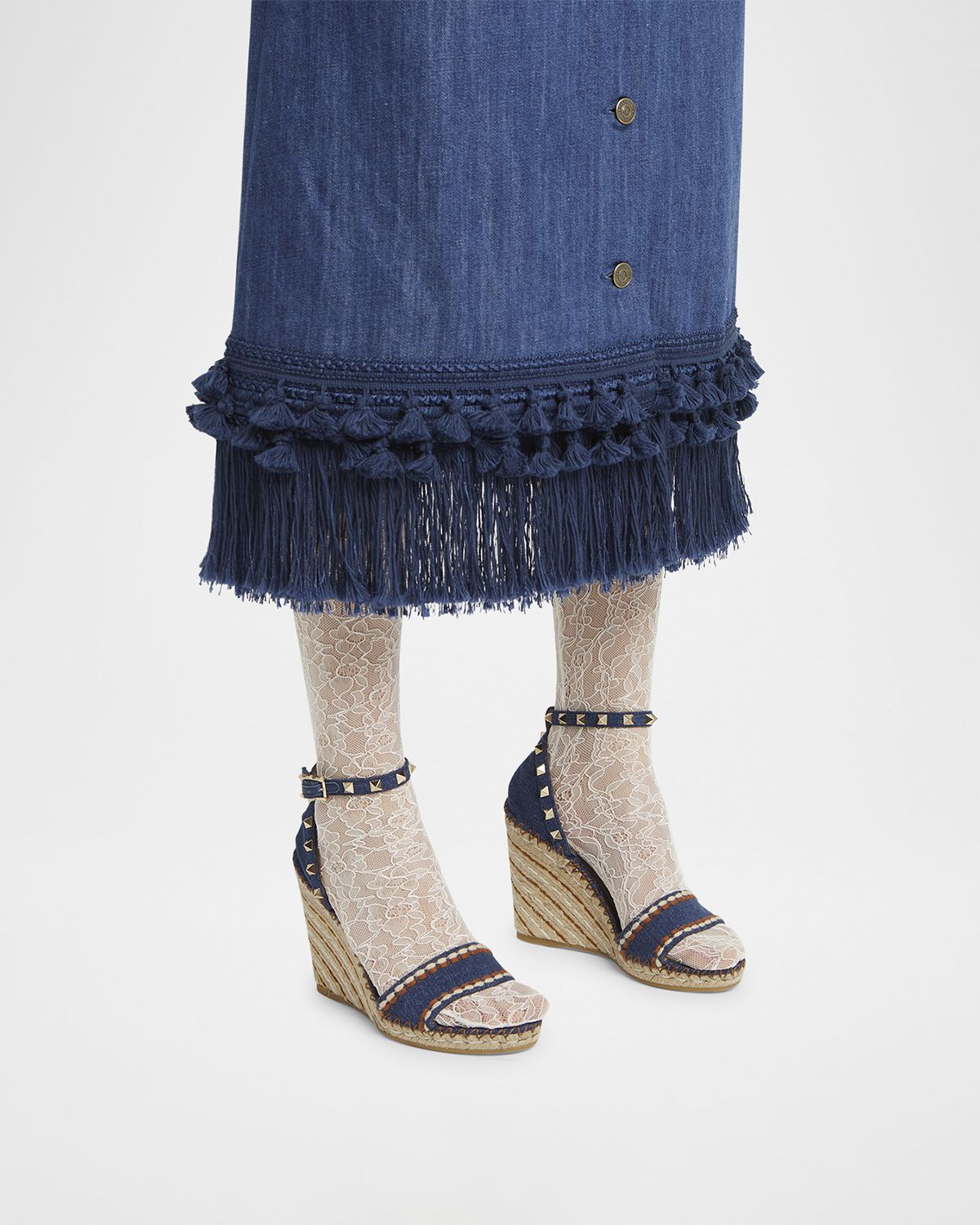 Valentino Garavani 105mm Rockstud Denim Wedge Espadrille Sandals