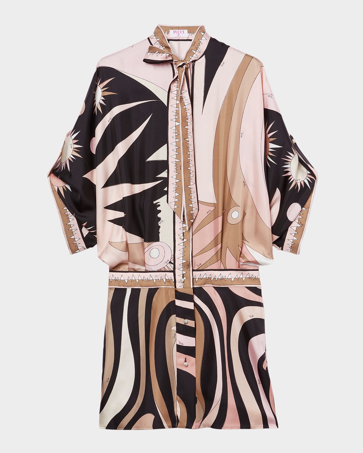 Pucci Marmo Silk Neck-Tie 3/4-Sleeve Mini Shirtdress
