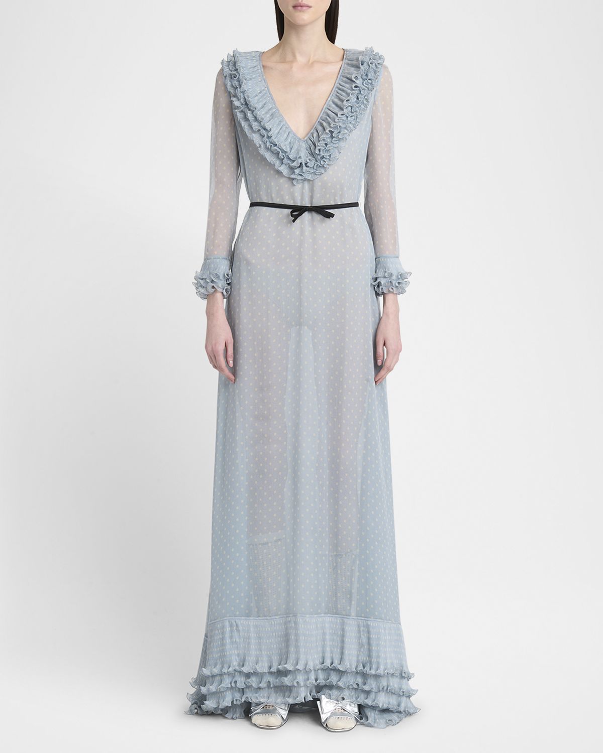 Valentino Garavani Polka Dot Layered Ruffle Sheer Gown with Ribbon