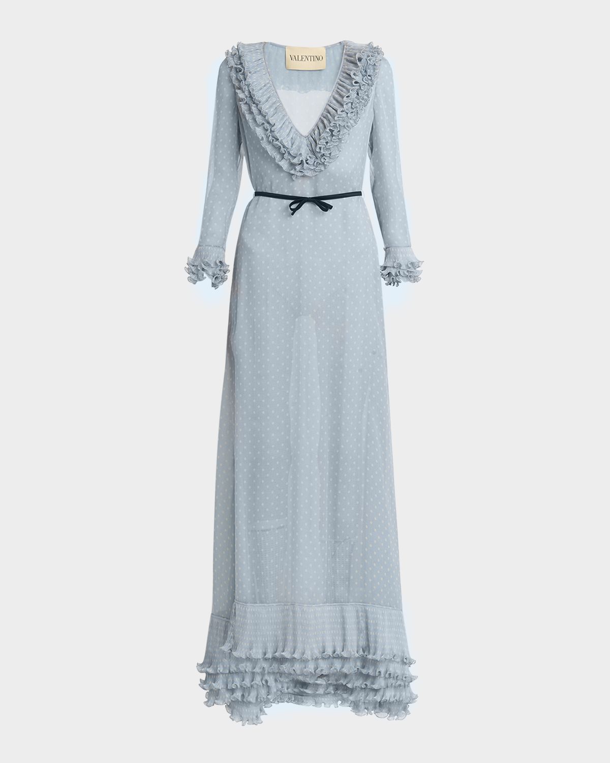 Valentino Garavani Polka Dot Layered Ruffle Sheer Gown with Ribbon