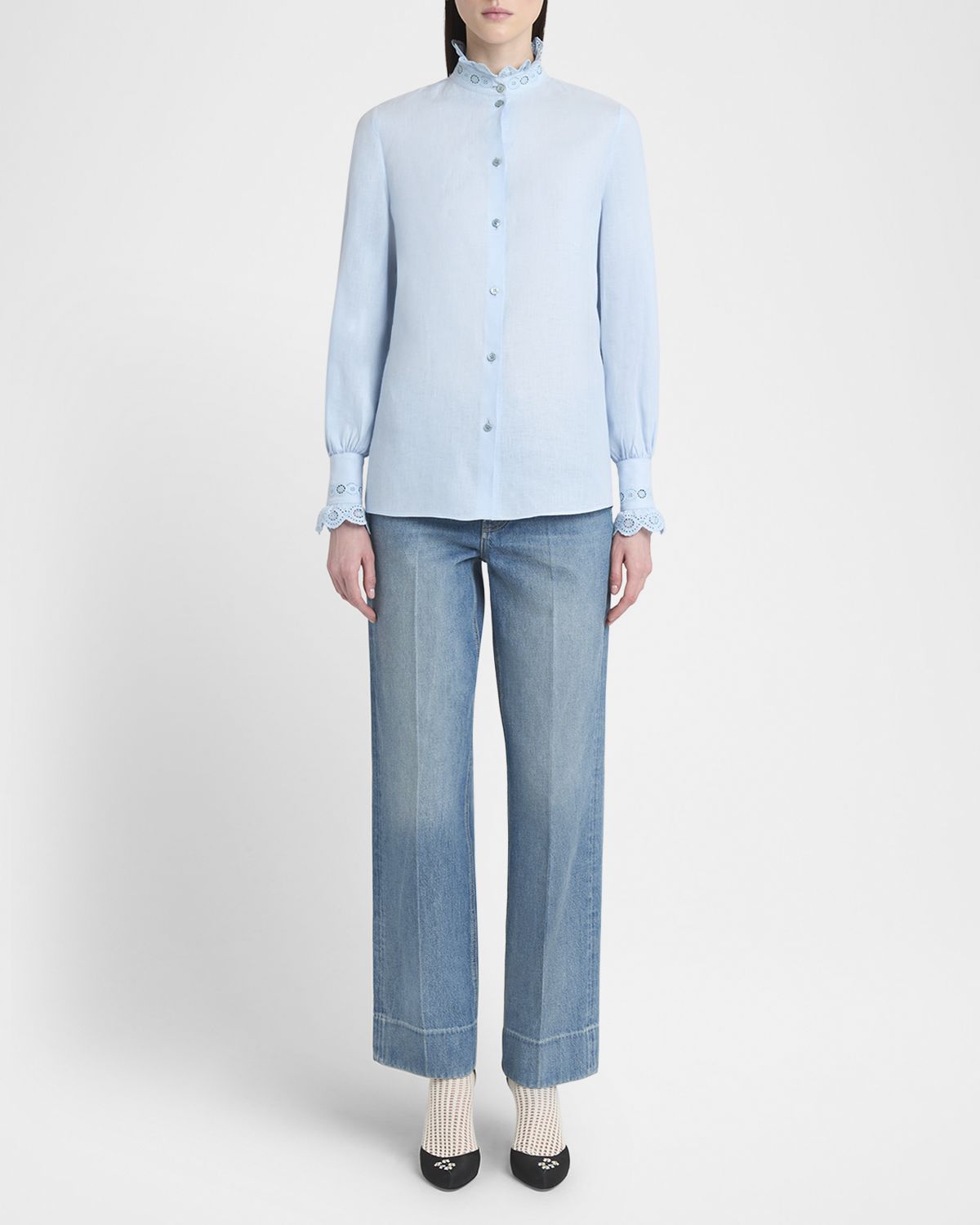 Valentino Garavani Eyelet Embroidered Ruffle Button-Down Shirt