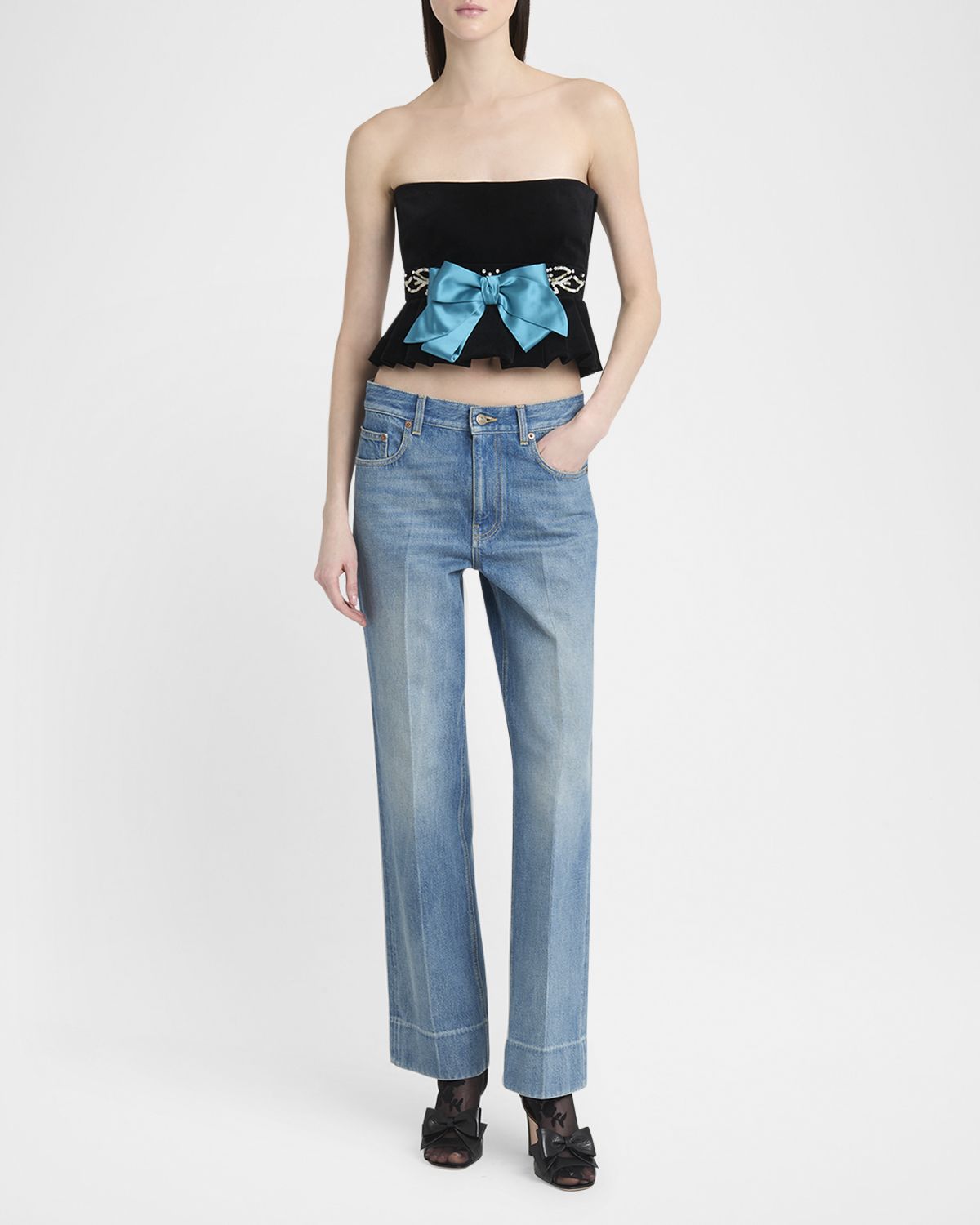 Valentino Garavani Strapless Embroidered Velvet Peplum Top