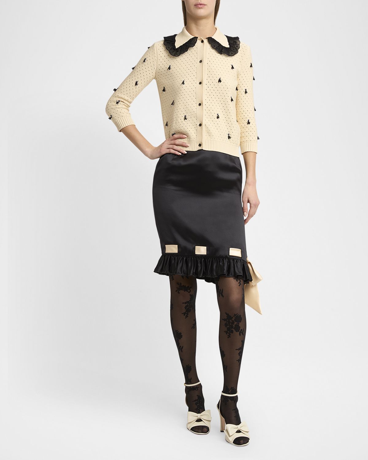 Valentino Garavani Ribbon Ruffle Hem Double Satin Skirt