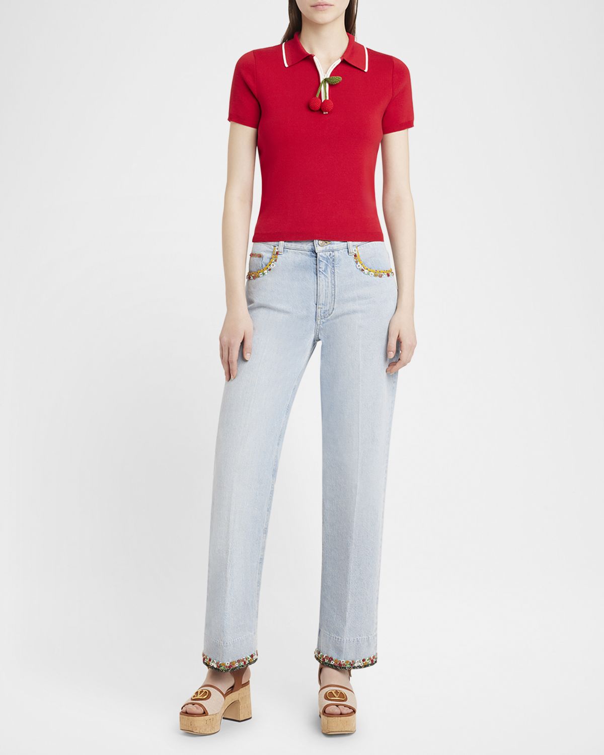 Valentino Garavani Embroidered Lightwash Denim Straight-Leg Pants