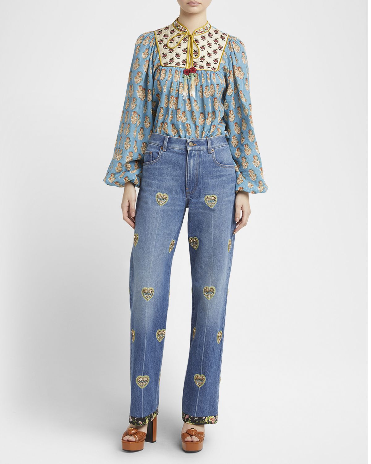 Valentino Garavani Embroidered Heart Denim Pants with Floral Boarder
