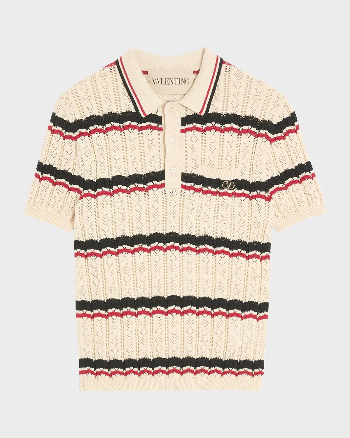 Valentino Garavani Men 's Stripe Cotton Eyelet VLogo-Pocket Polo Shirt