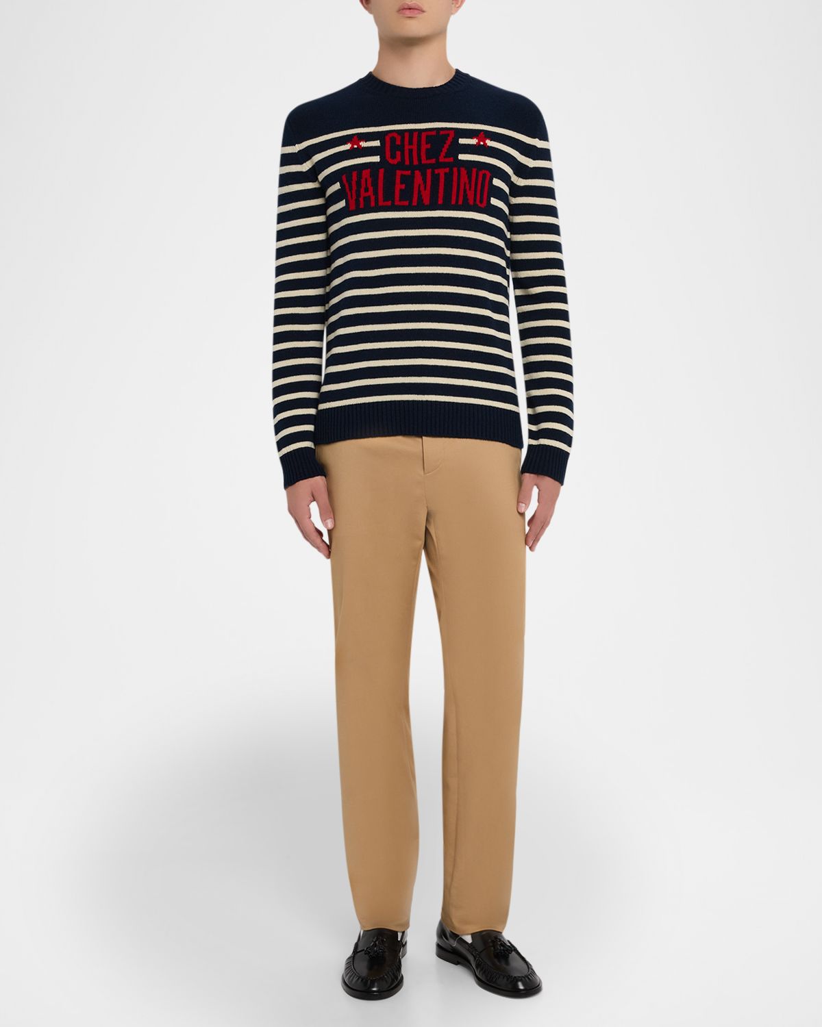 Valentino Garavani Men 's Chez Valentino Wool Stripe Logo-Jacquard Crewneck Sweater