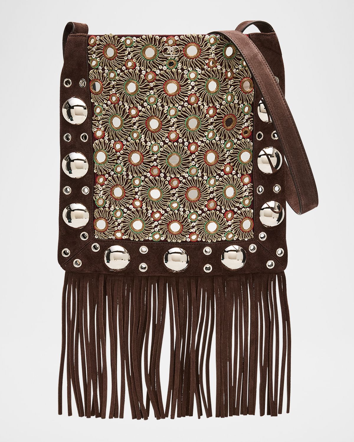 Valentino Garavani Nellcote Medium Studded Fringed Suede Crossbody Bag