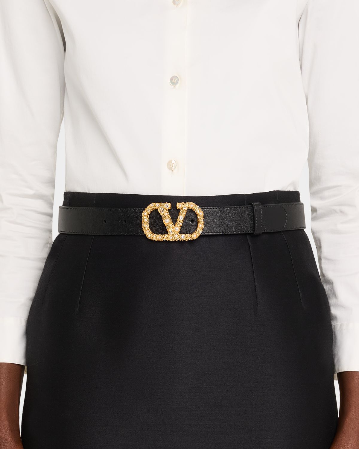 Valentino Garavani VLogo Signature Rhinestone & Faux Pearl Leather Belt, 30mm