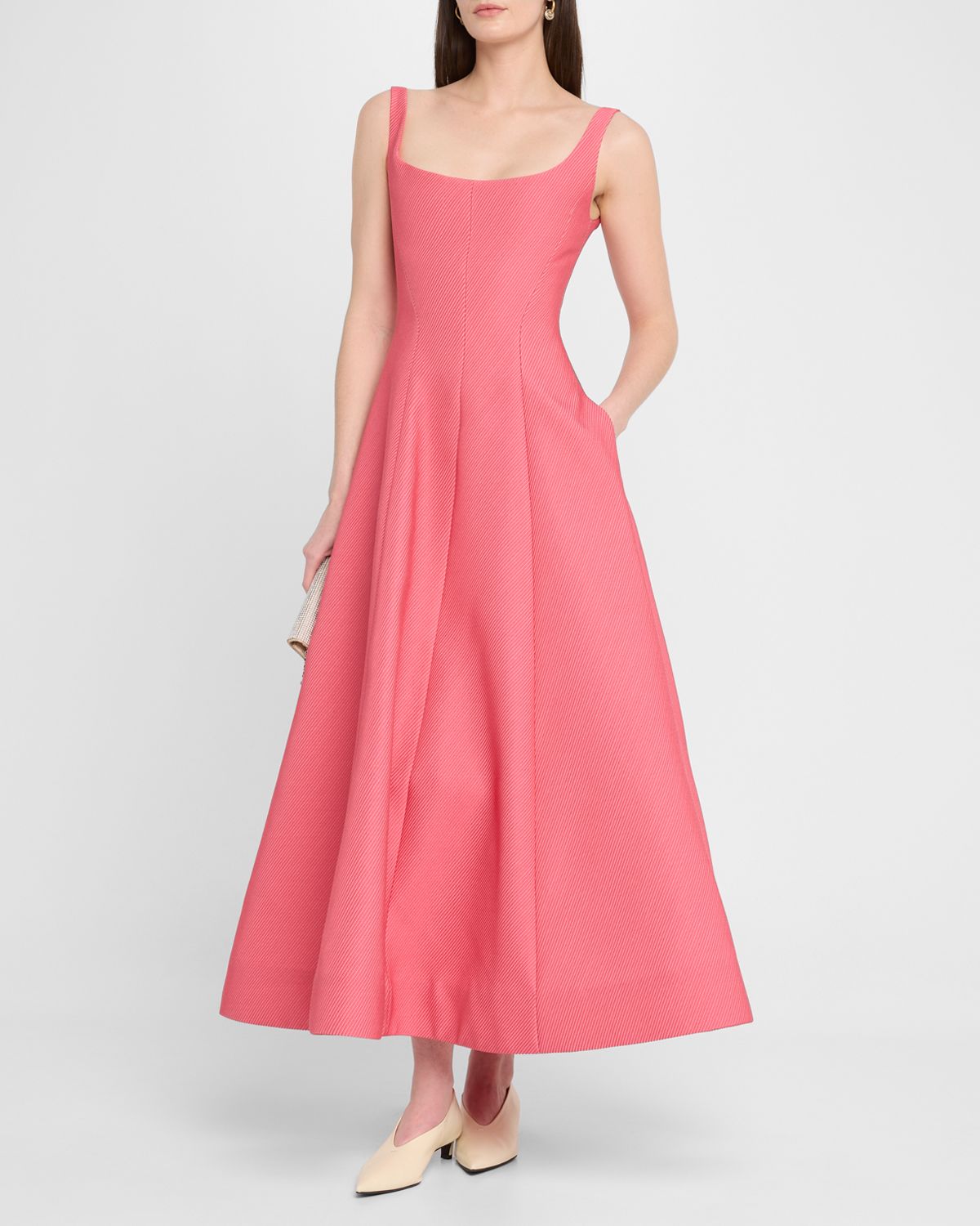 Lela Rose Scoop-Neck Textured Satin Sleeveless Midi Dress