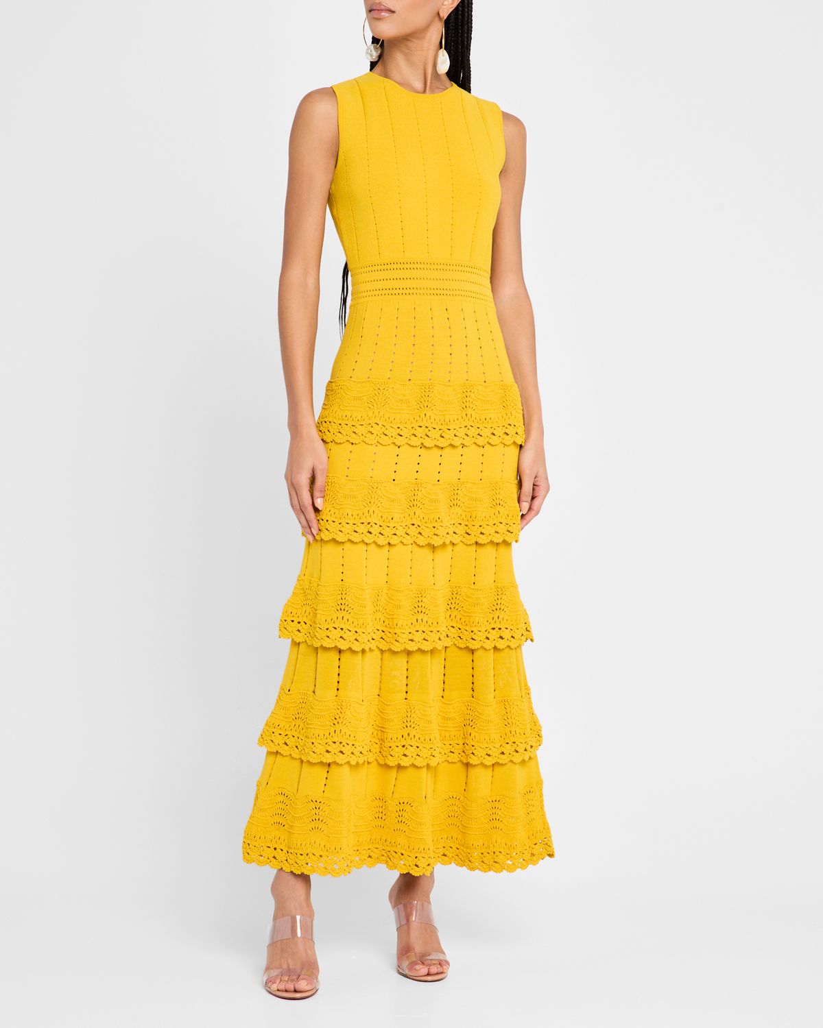 Lela Rose Crochet Ruffle Pointelle Knit Sleeveless Midi Dress