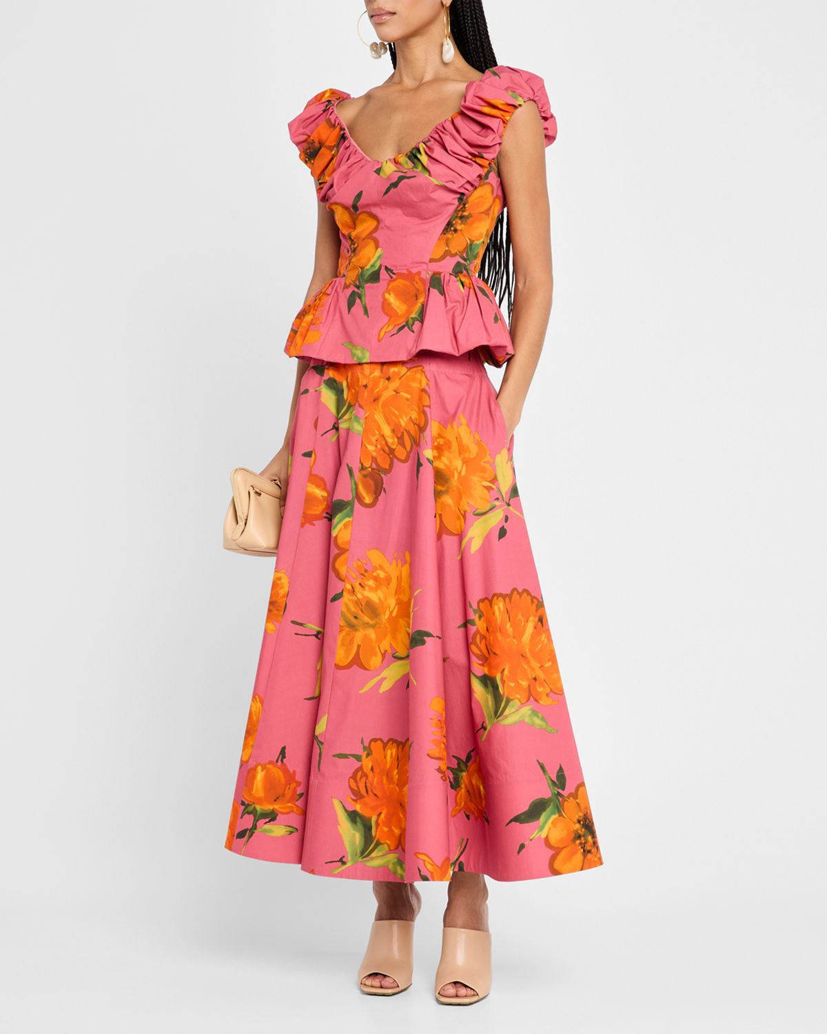 Lela Rose Floral-Print Shirred V-Neck Cotton Peplum Top