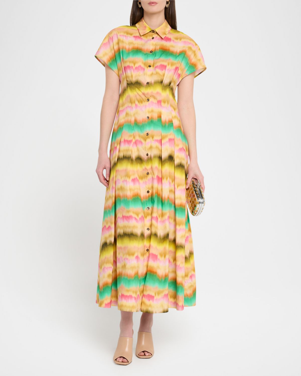 Lela Rose Sunset Pleated Short-Sleeve Midi Shirtdress