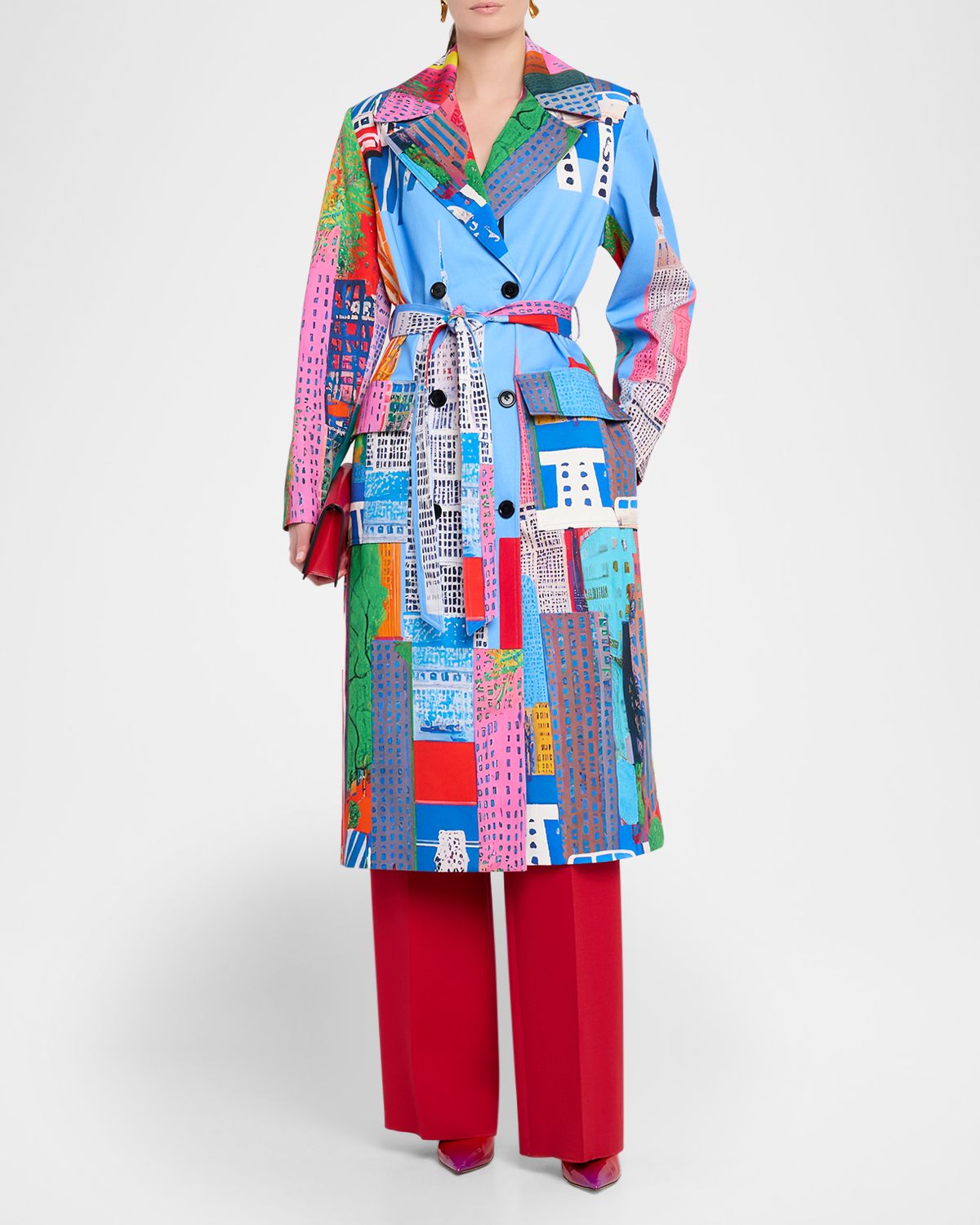 Libertine NYC Cityscape-Print Belted Long Trench Coat