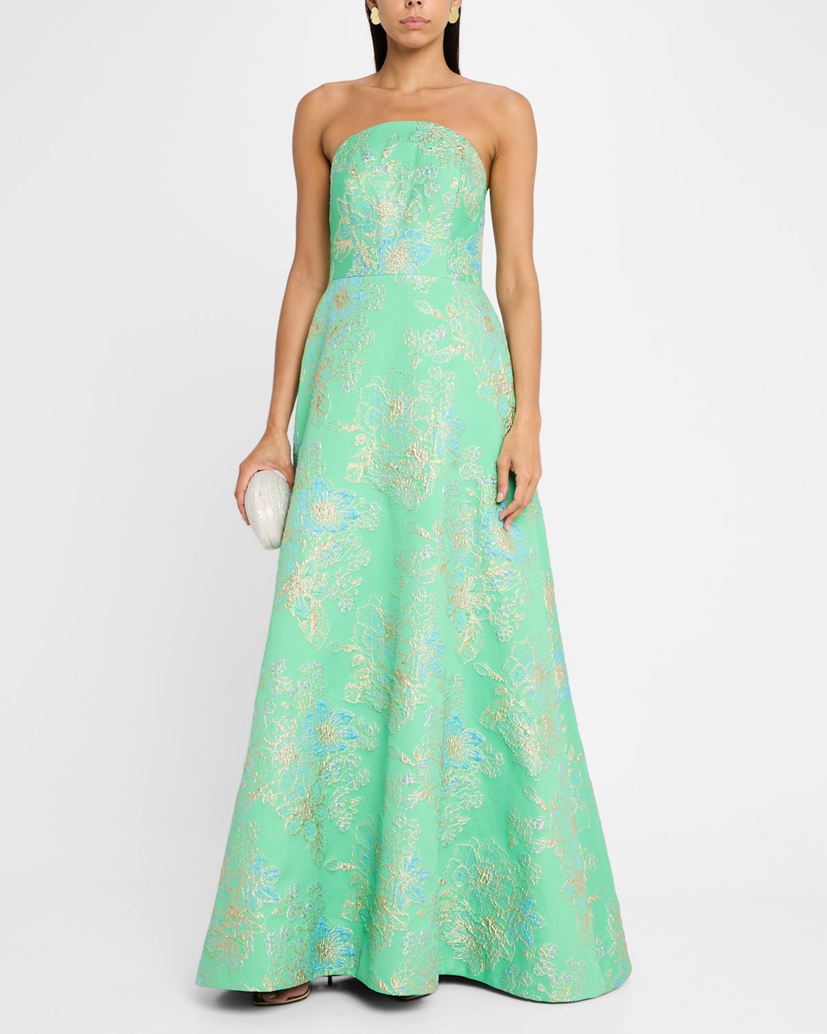 Rickie Freeman for Teri Jon Strapless Metallic Floral Jacquard Gown