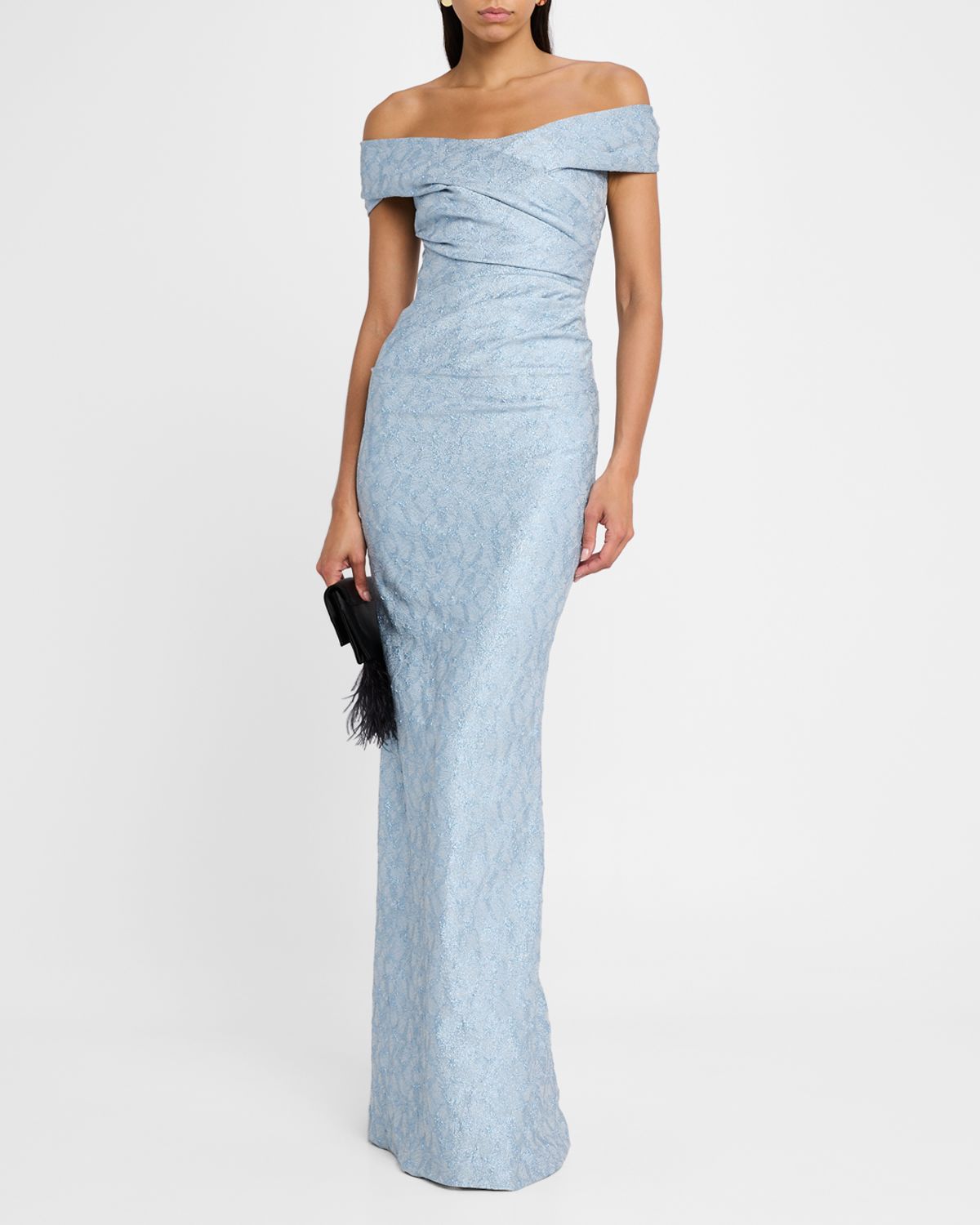 Rickie Freeman for Teri Jon Off-Shoulder Metallic Jacquard Column Gown