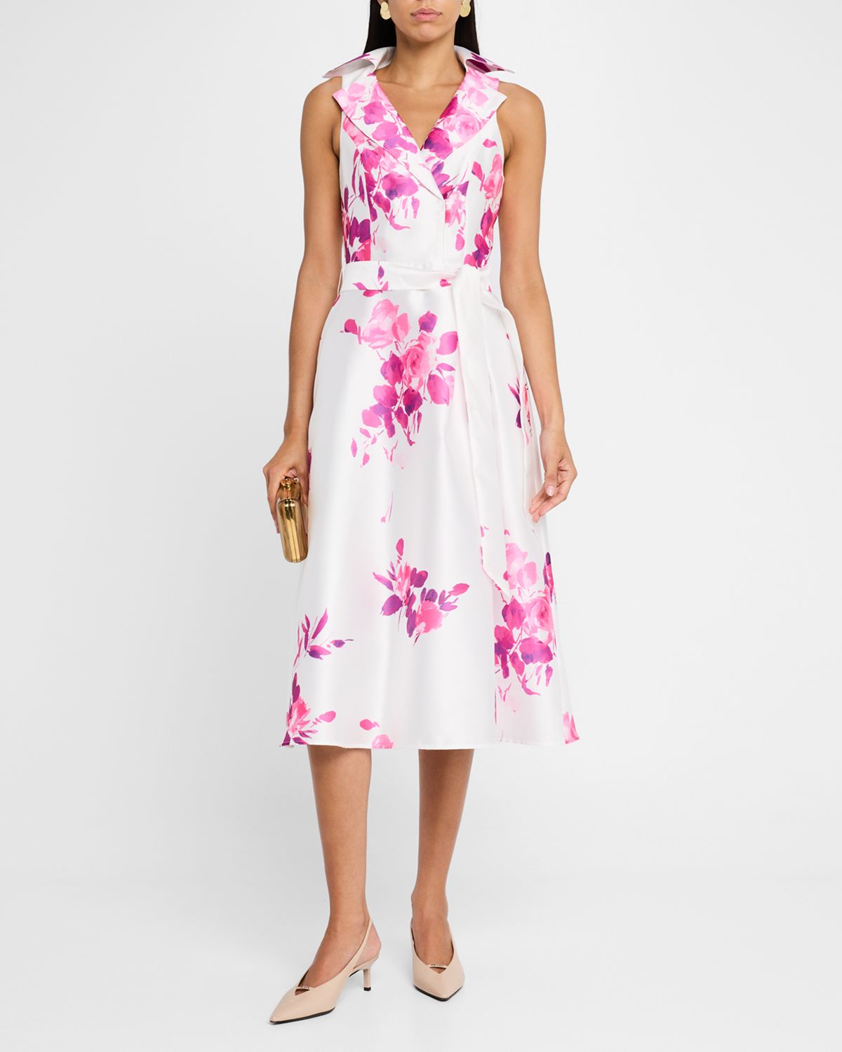 Rickie Freeman for Teri Jon Sleeveless Floral-Print Pique Midi Shirtdress