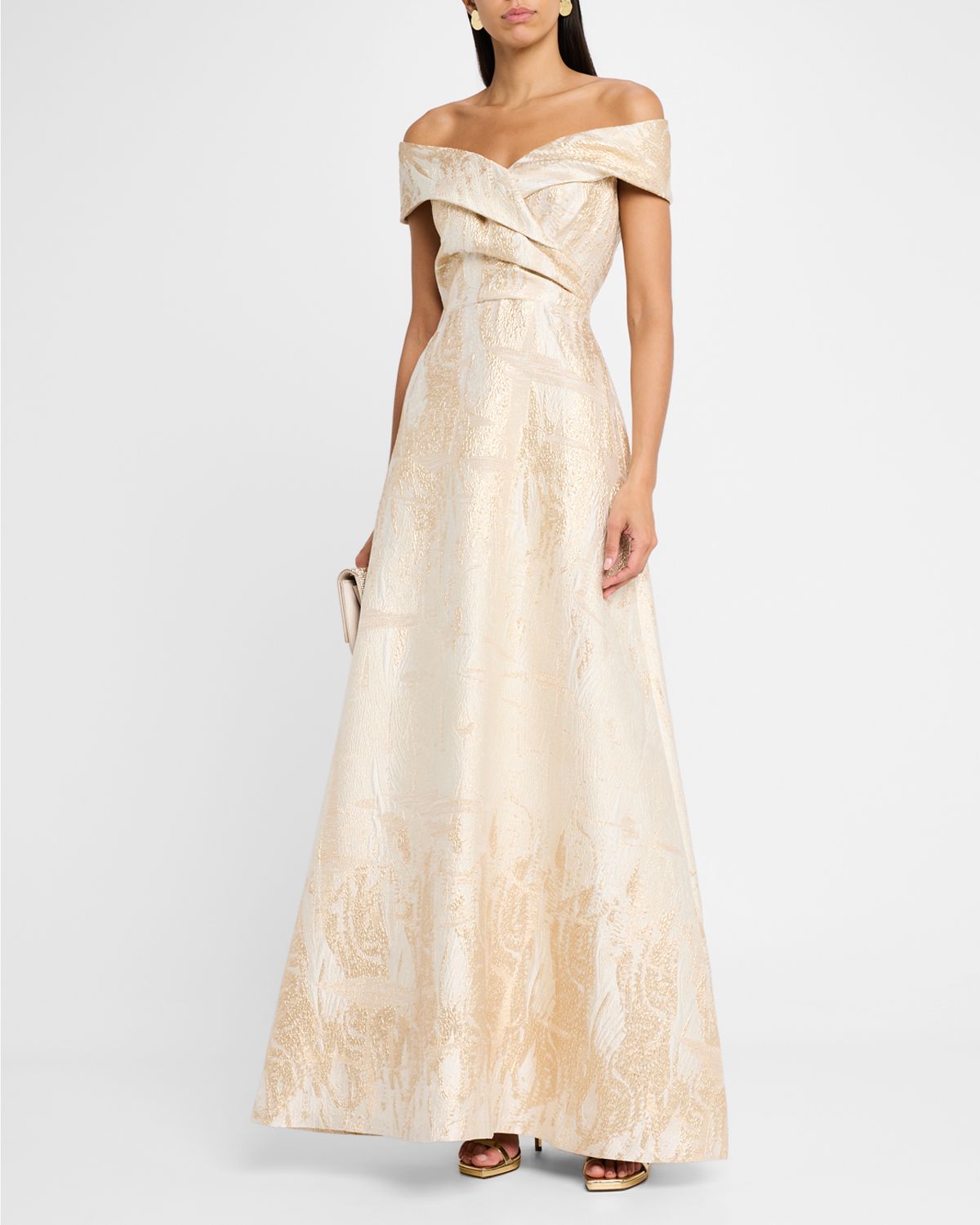 Rickie Freeman for Teri Jon Off-Shoulder Metallic Jacquard Gown