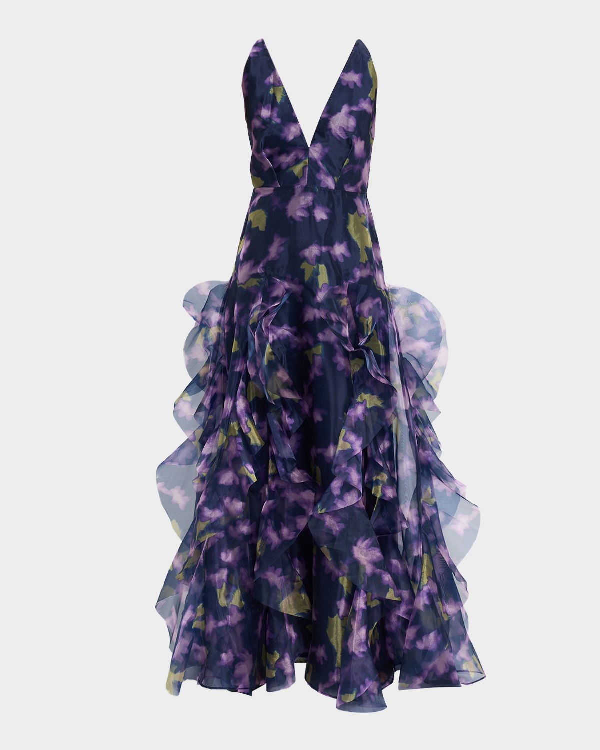 BCBGMAXAZRIA Low-Back Deep V-Neck Organza Gown