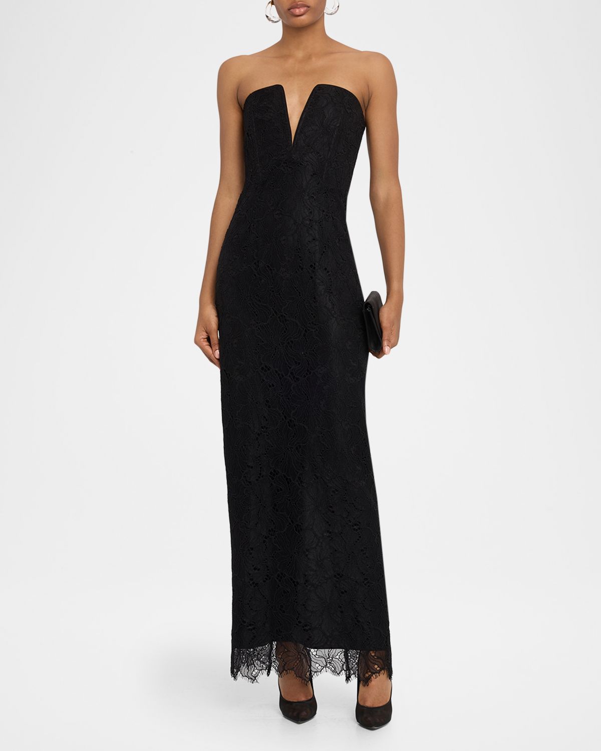 BCBGMAXAZRIA Strapless Floral Lace Column Gown