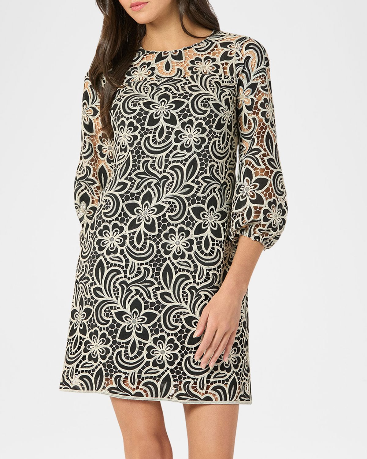 Shoshanna Holland 3/4-Sleeve Floral Lace Mini Dress
